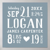 Dusty Blue Baby Boy Geboortestatistieken Keepsake Poster (Voorkant)