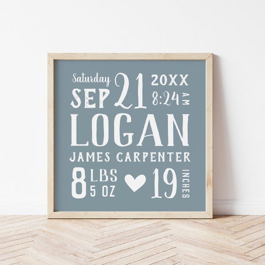 Dusty Blue Baby Boy Geboortestatistieken Keepsake Poster
