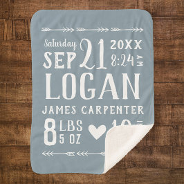 Dusty Blue Baby Boy Geboortestatistieken Keepsake Sherpa Deken