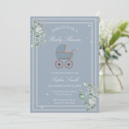 Dusty Blue Baby Carriage Baby shower Kaart (Staand voorkant)