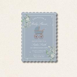 Dusty Blue Baby Carriage Baby Shower Scalloped Kaart
