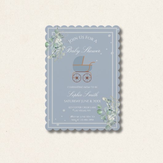 Dusty Blue Baby Carriage Baby Shower Scalloped Kaart