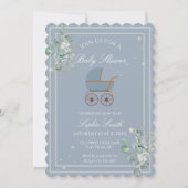 Dusty Blue Baby Carriage Baby Shower Scalloped Kaart (Voorkant)