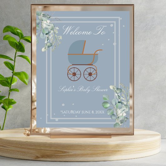 Dusty Blue Baby Carriage Welcome Sign Poster