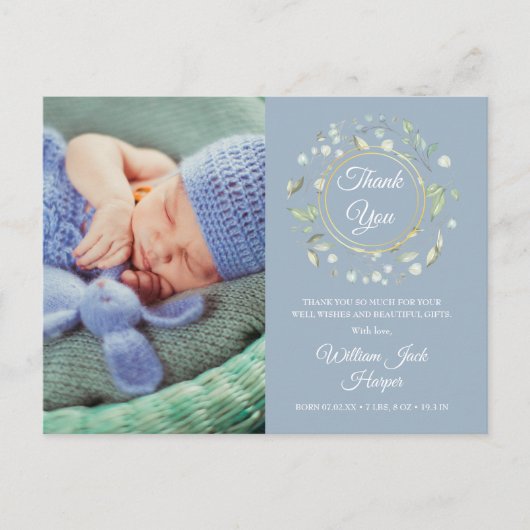 Dusty Blue Baby foto Floral Dank je geboorte Aankondigingskaart (Voorkant)