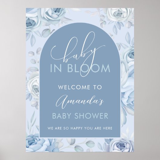 Dusty Blue Baby in Bloom Baby shower Welkom Poster (Voorkant)