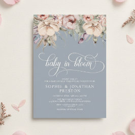 Dusty Blue Baby In Bloom QR Floral Baby Shower Kaart