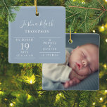 Dusty Blue Baby Jongen Geboorte Statistieken Foto Keramisch Ornament<br><div class="desc">Personaliseer met de naam en geboortestatistieken van de baby en speciale foto op de achterkant. Een heerlijk aandenken om uw nieuwe aankomst te vieren! Ontworpen door Thisnotme©</div>