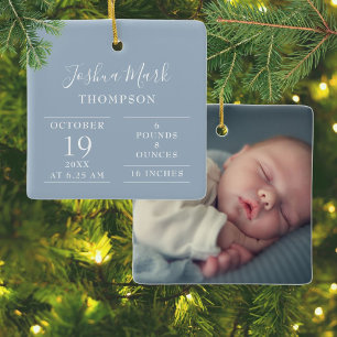 Dusty Blue Baby Jongen Geboorte Statistieken Foto Keramisch Ornament