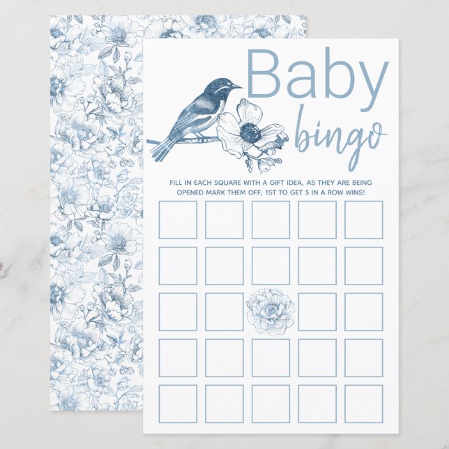 Dusty Blue Baby shower Bingo Game Kaart Floral (Voorkant / Achterkant)