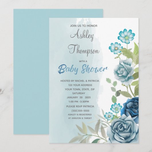 Dusty Blue Baby shower Floral Waterverf Kaart (Voorkant / Achterkant)