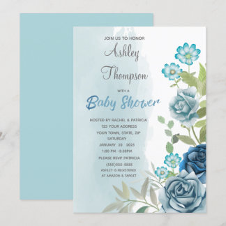 Dusty Blue Baby shower Floral Waterverf Kaart