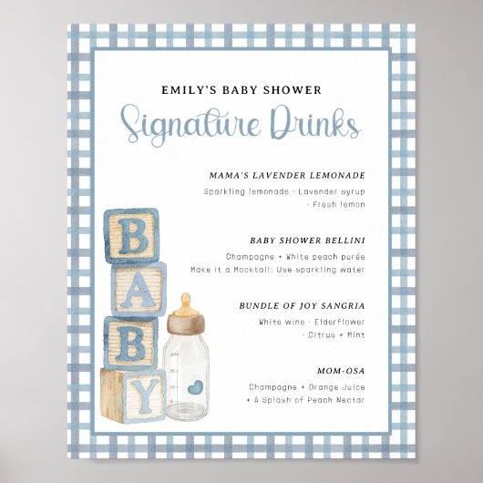 Dusty Blue Baby Shower Signature Drinks Sign  Poster (Voorkant)