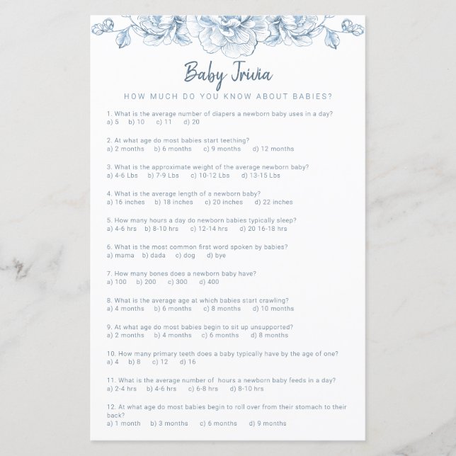 Dusty Blue Baby shower Trivia Game Elegant Bloemen (Voorkant)
