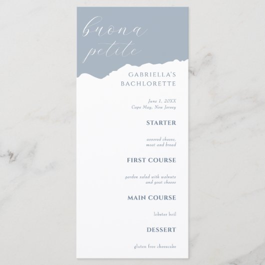 Dusty Blue Bachlorette Menu Italian (Voorkant)