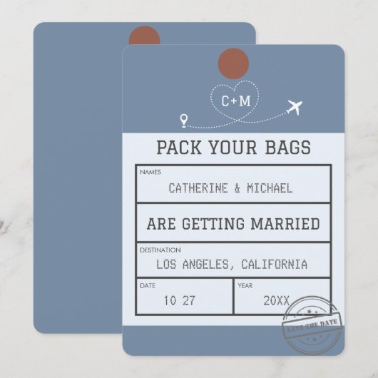 Dusty Blue Bagagelabel Save the Date (Voorkant / Achterkant)