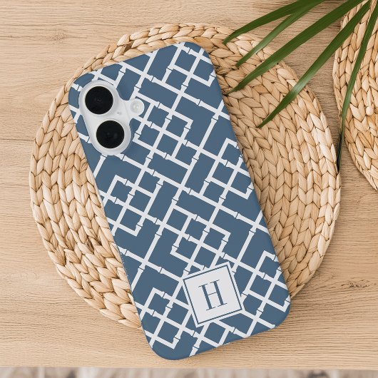 Dusty Blue Bamboo Lattice Monogram iPhone 16 Hoesje
