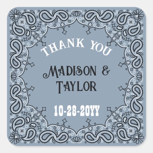 Dusty Blue Bandana Dank u Westerne bruiloft Vierkante Sticker (Voorkant)