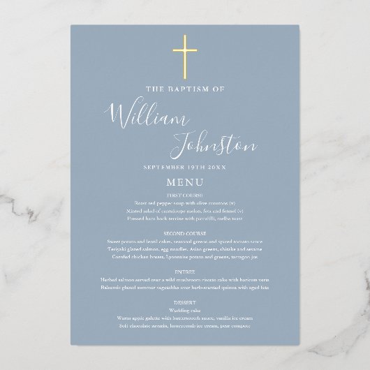 Dusty Blue Baptism doopfolie Goudfolie Menu Kaart (Voorkant)