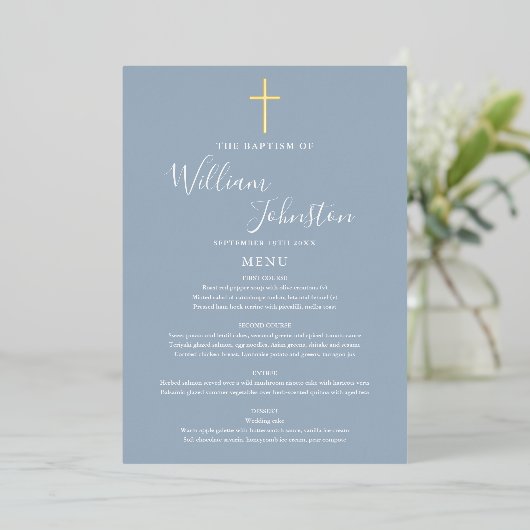 Dusty Blue Baptism doopfolie Goudfolie Menu Kaart (Staand Voorkant)