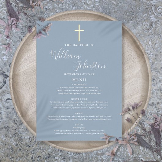 Dusty Blue Baptism doopfolie Goudfolie Menu Kaart