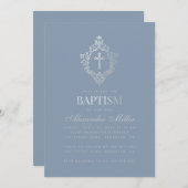 Dusty Blue Baptism Elegant Faux Silver Crest Boy Kaart (Voorkant / Achterkant)