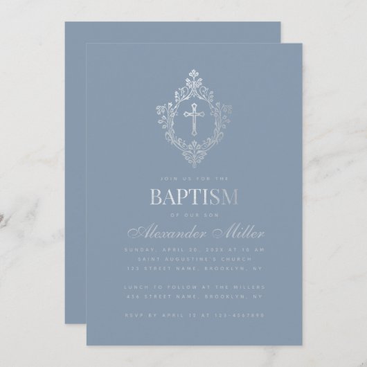 Dusty Blue Baptism Elegant Faux Silver Crest Boy Kaart (Voorkant / Achterkant)
