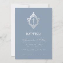 Dusty Blue Baptism Elegant Faux Silver Crest Boy