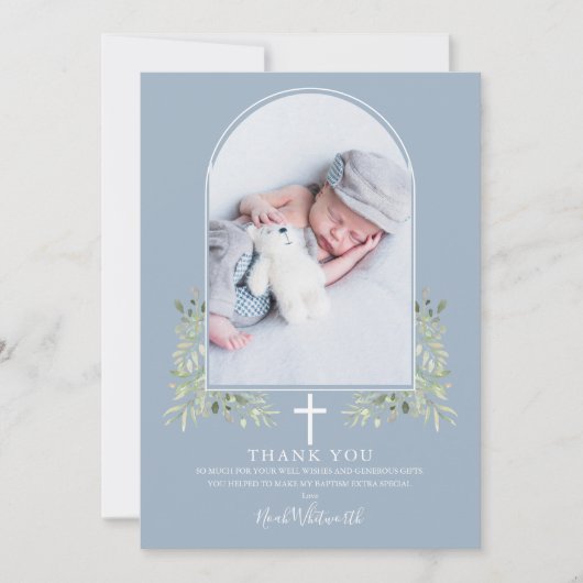 Dusty Blue Baptism Green Arch Foto Bedankkaart (Voorkant)