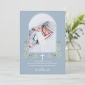 Dusty Blue Baptism Green Arch Foto Bedankkaart (Staand voorkant)