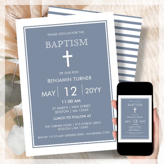 Dusty Blue Baptism Invitation Kaart