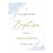 Dusty Blue Baptism Welcome Sign Poster, Gold Cross