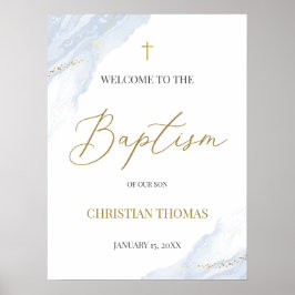 Dusty Blue Baptism Welcome Sign Poster, Gold Cross Poster
