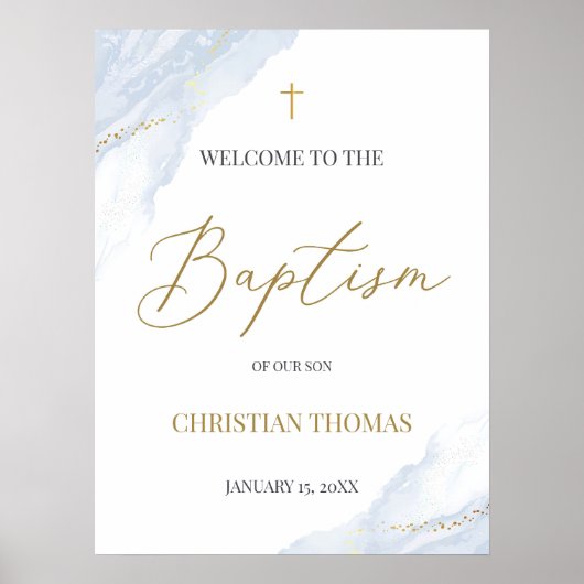 Dusty Blue Baptism Welcome Sign Poster, Gold Cross Poster (Voorkant)