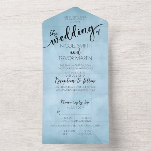 Dusty Blue Barely There Squares Bruiloft Textuur All In One Uitnodiging (Binnen)