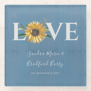 Dusty Blue Barn Wood, Golden Sunflower Wedding Glazen Onderzetter