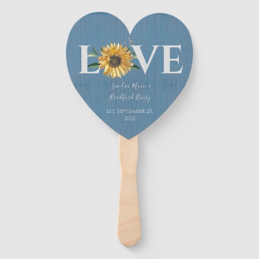 Dusty Blue Barn Wood, Golden Sunflower Wedding Handwaaier (Achterkant)