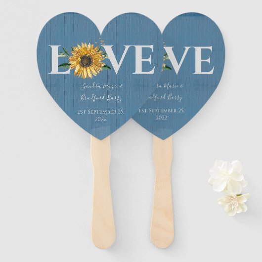 Dusty Blue Barn Wood, Golden Sunflower Wedding Handwaaier (Voorkant en achterkant)