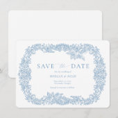 Dusty Blue  Barok Floral Save the Date Kaart (Voorkant / Achterkant)