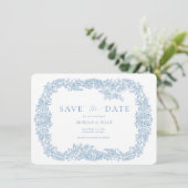 Dusty Blue  Barok Floral Save the Date Kaart (Staand voorkant)