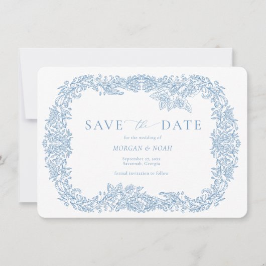 Dusty Blue  Barok Floral Save the Date Kaart (Voorkant)