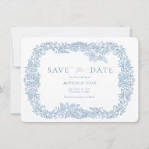 Dusty Blue  Barok Floral Save the Date Kaart