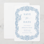 Dusty Blue Barok Floral Save the Date Kaart (Voorkant / Achterkant)