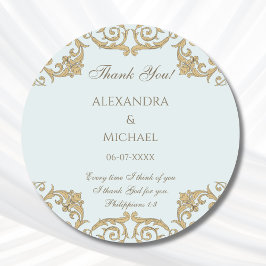 Dusty Blue Baroque Christian Wedding Thank You  Ronde Sticker