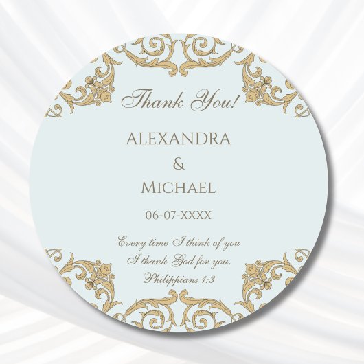 Dusty Blue Baroque Christian Wedding Thank You  Ronde Sticker