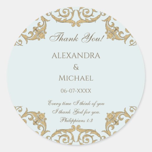 Dusty Blue Baroque Christian Wedding Thank You  Ronde Sticker (Voorkant)