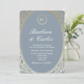 Dusty Blue Baroque Gold Wedding Invitation Kaart (Staand voorkant)