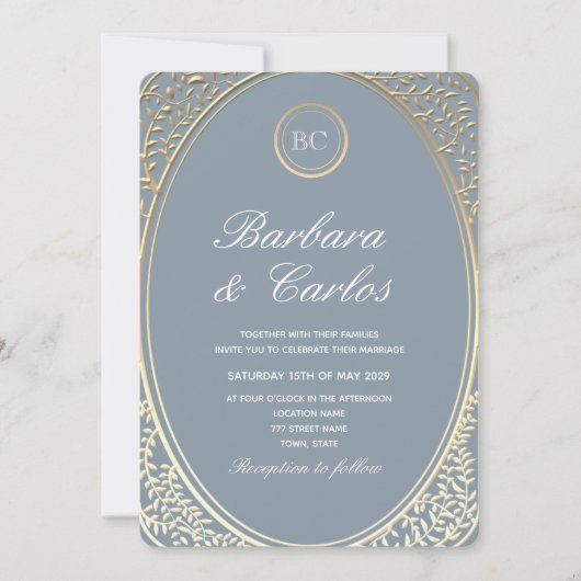 Dusty Blue Baroque Gold Wedding Invitation Kaart (Voorkant)