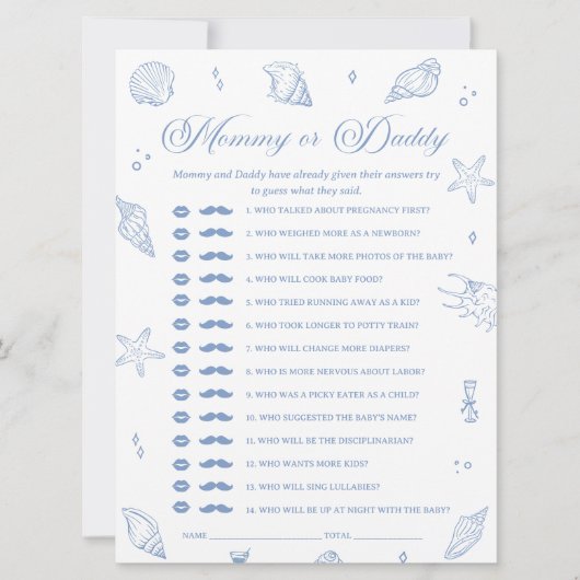 Dusty Blue Beach Baby shower Guess Who Game Kaart (Voorkant)