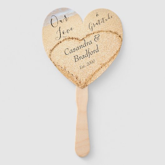 Dusty Blue Beach Bruiloft Hart Zand gunst Handwaaier (Voorkant)